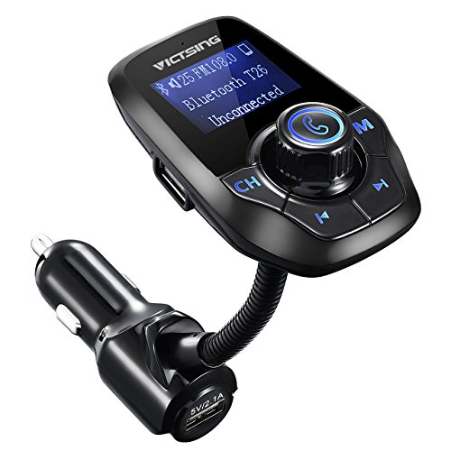 VicTsing Manos Libres Bluetooth Coche Transmisor FM, Radio Musica Receptor Altavoz Bluetooth Coche FM, Reproductor de MP3 Transmisor, 1.44″ LCD Adaptador de Radio,5V/2.1A USB Bluetooth para Coche Tarjeta del TF-Negro [OFERTAS]