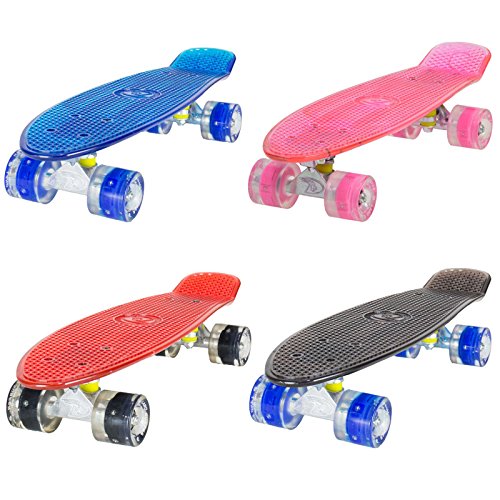 LAND SURFER® Skateboard Cruiser Retro Completo 56cm con tabla coloreada transparente – cojinetes ABEC-7 – Ruedas que se iluminan 59mm PU + bolsa para el transporte [OFERTAS]