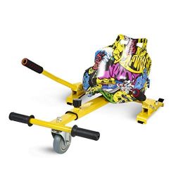 ECOXTREM Hoverkart, Asiento kart, Multicolor Amarillo diseño Hip Hop con rueda delantera y manillar a los lados (para acelerar, frenar y girar libremente), Barra ajustable para acomodar las piernas. Accesorio para transformar scooters eléctricos tipo Hoverboard 6’5, 8 y 10 pulgadas para un desplazamiento más cómodo y con máxima seguridad. [OFERTAS]