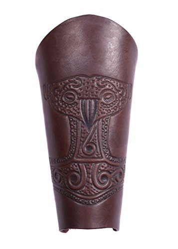 Guardabrazos de piel con martillo de Thor repujado, color marrón envejecido – Rodilleras LARP Medieval Vikingo [OFERTAS]