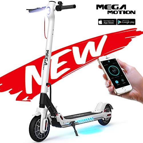 Mega Motion E- Scooter Portátil Patinete Eléctrico Plegable de 8.5 Pulgadas con Bluetooth, Velocidad de hasta 30 km / h, Pantalla LCD, Luces Traseras y Delanteras (White) [OFERTAS]